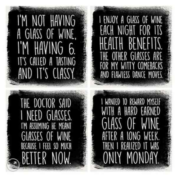 Four black-and-white quote panels about wine arranged in a grid.