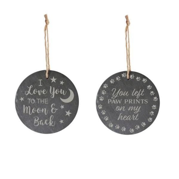 Two round hanging memorial plaques with sentimental text