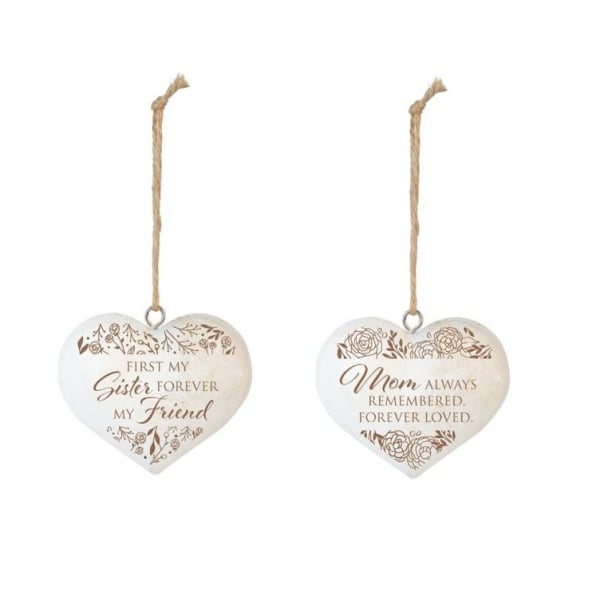 Two heart-shaped hanging ornaments with sentimental text