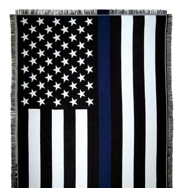 Black-and-white American flag blanket with a blue stripe