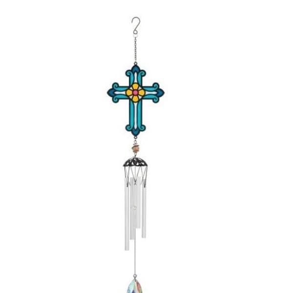 Decorative hanging cross with dangling chimes and a faceted crystal drop