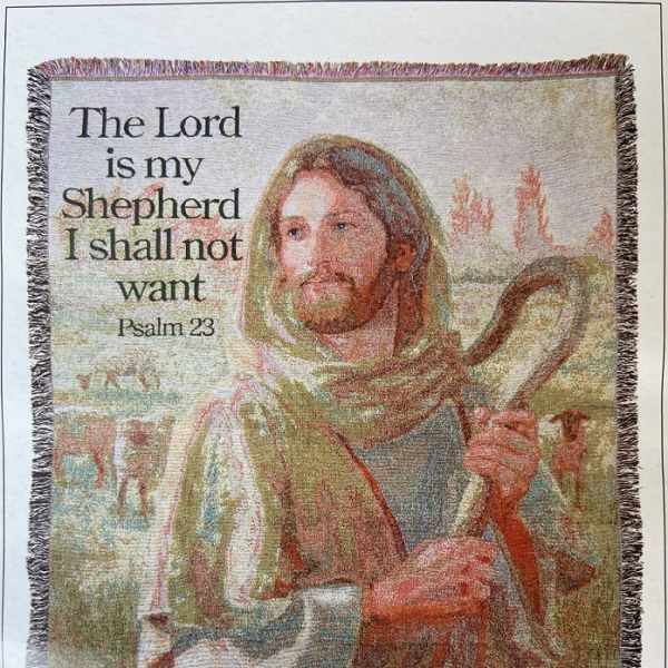 Woven wall tapestry with Jesus and the text 'The Lord is my Shepherd'