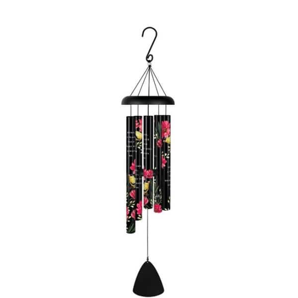 Black floral wind chime with hanging tubes and a bell-shaped clapper