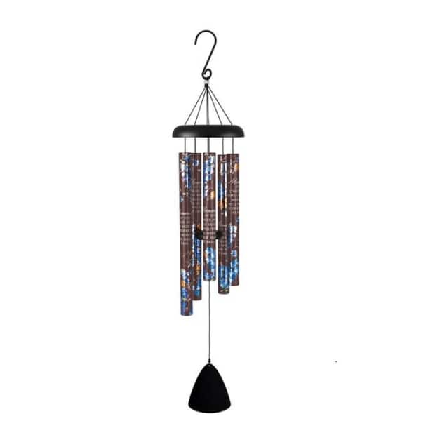 Black hanging wind chime with printed metal tubes and a clapper