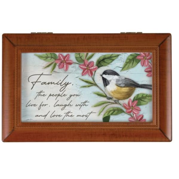 Framed wall plaque with a bird, pink flowers, and family quote