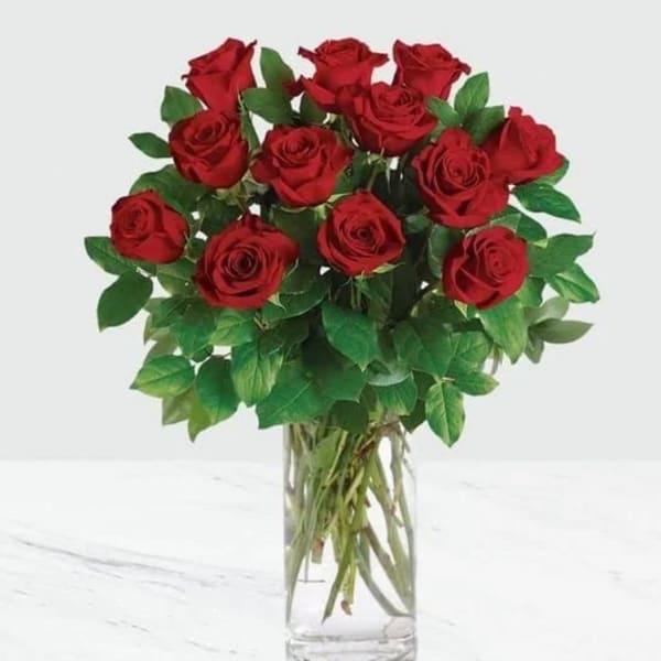 Dozen Red Roses in a Cylinder Vase