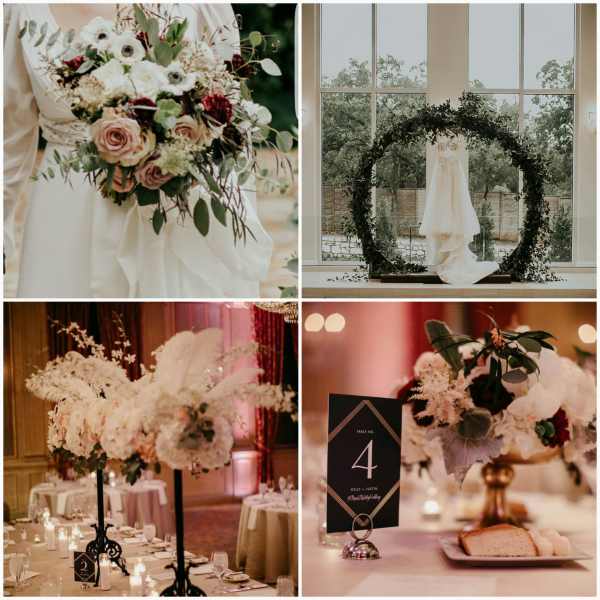 Collage of wedding floral arrangements and table centerpieces in white and blush tones.