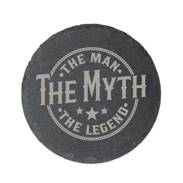 Round black stone with the words "The Myth The Legend"