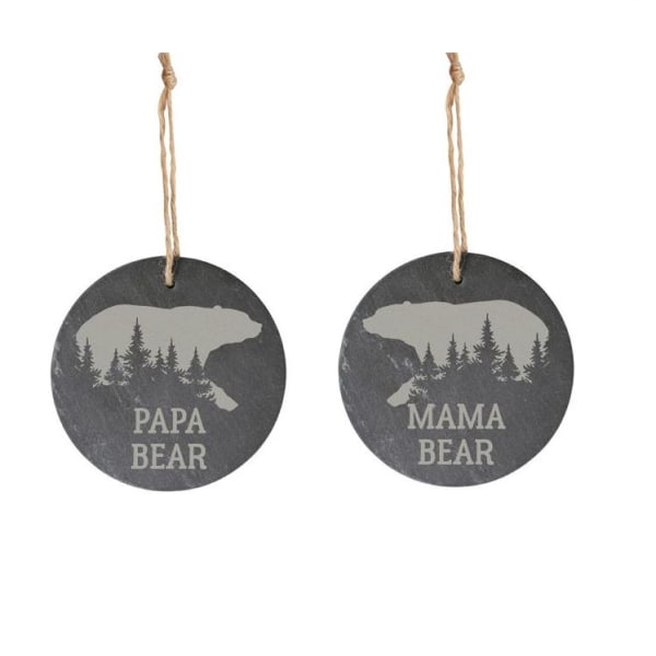 Two round hanging ornaments labeled Papa Bear and Mama Bear