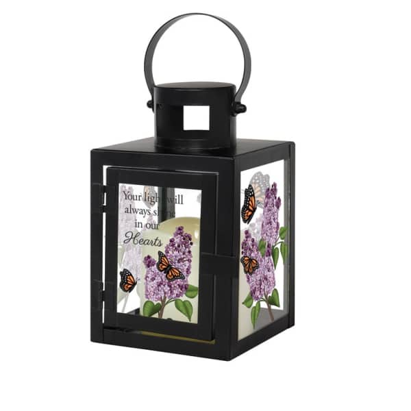 Black memorial lantern with lilac flowers and butterflies