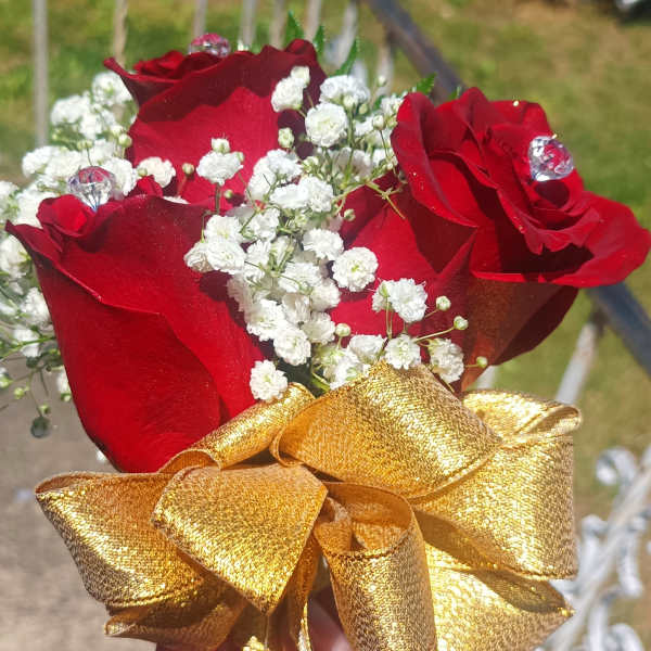Small bouquet of red roses with white baby's breath and a gold ribbon