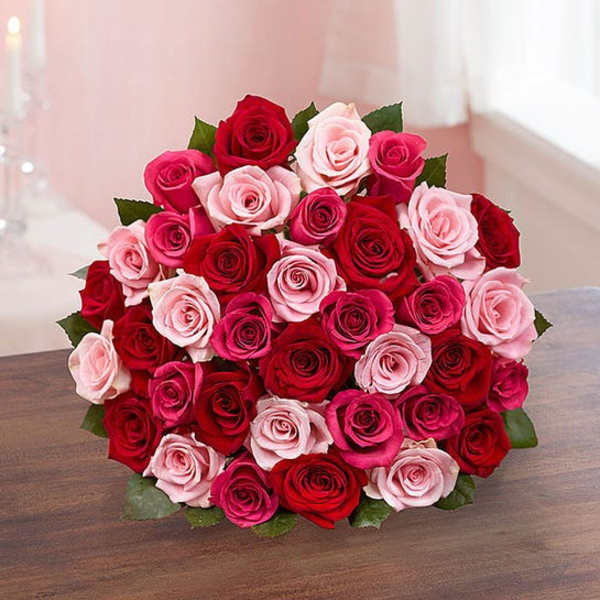 Bouquet of red, pink, and pale pink roses