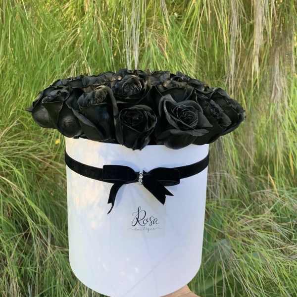 Black roses arranged in a white round box with a black ribbon