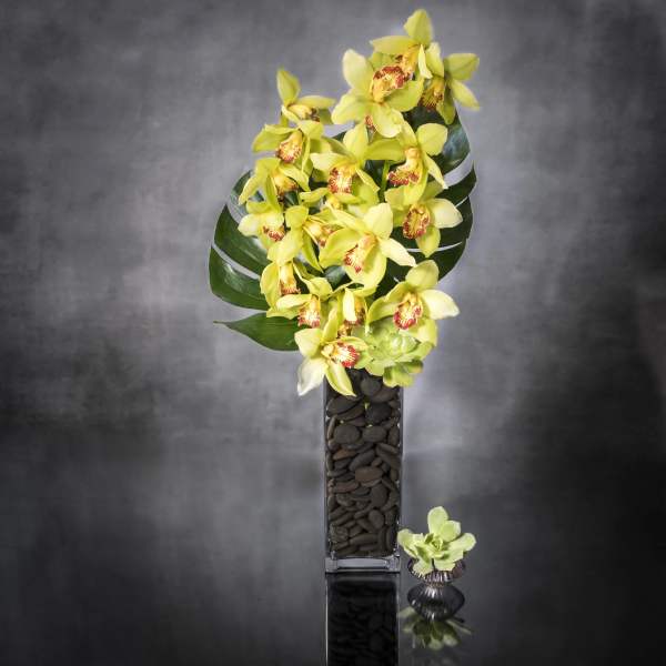 Yellow orchids in a tall glass vase with dark stones