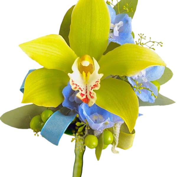 Yellow orchid corsage with blue flowers and ribbon accents