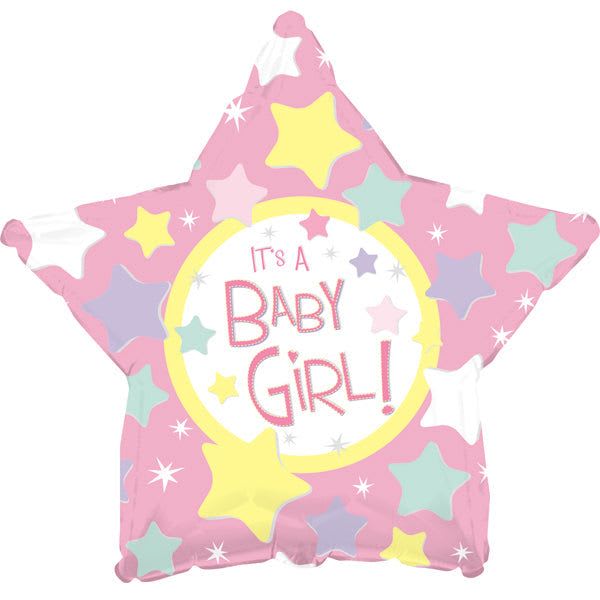 Pink star-shaped balloon with "It's a Baby Girl!" text