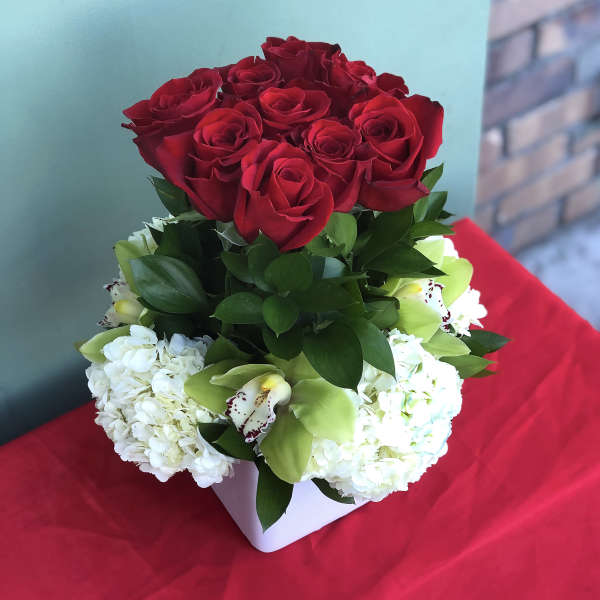 Red roses with white hydrangeas in a white square vase