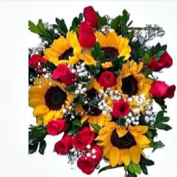 Bouquet of sunflowers and red roses with baby's breath