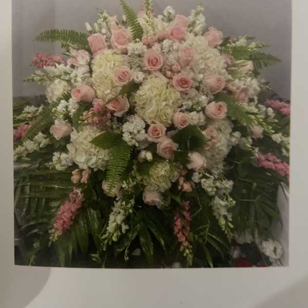 Large pink and white floral spray with roses and hydrangeas