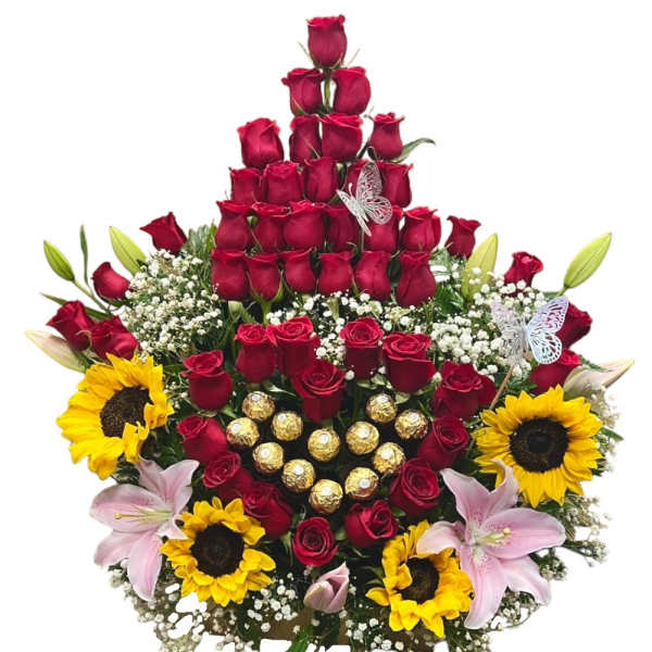 Tiered bouquet of red roses with sunflowers, lilies, and chocolates