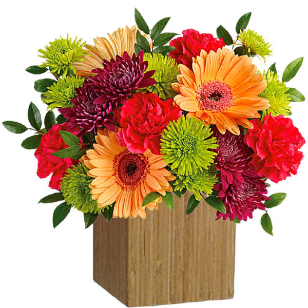 Colorful mixed bouquet in a wooden cube vase