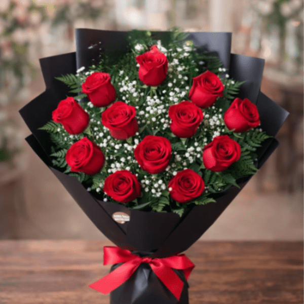 One Dozen Long Stem Roses Bouquet