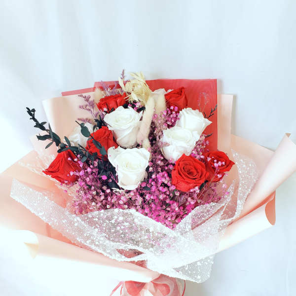 Bouquet of red and white roses with pink filler flowers