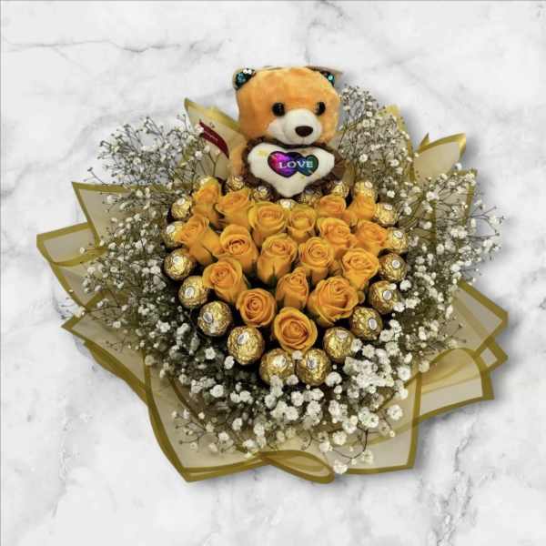 Orange rose bouquet with a teddy bear and gold-wrapped chocolates