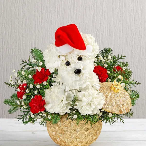 White floral teddy bear arrangement with red accents and a Santa hat in a gold pot