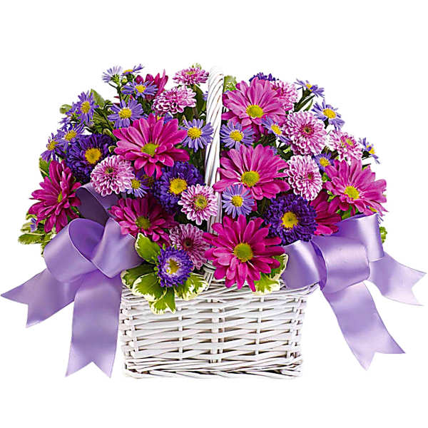 Pink and purple flowers in a white wicker basket with lavender ribbons