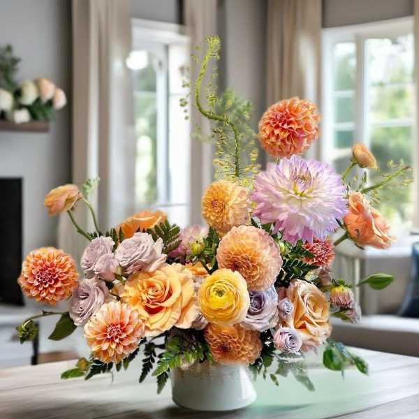 Pastel floral arrangement in a white vase with peach and lavender blooms