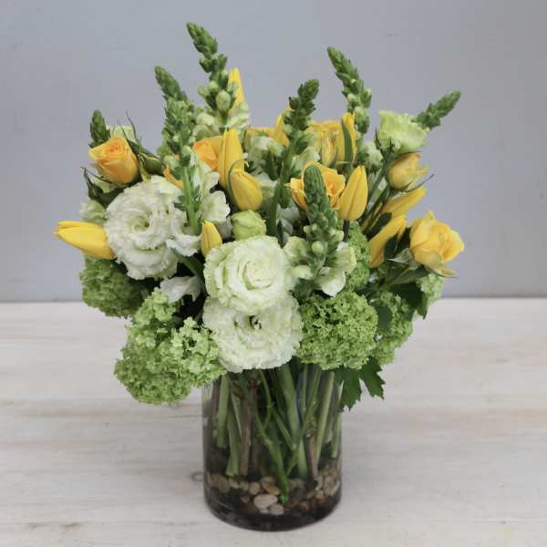 Yellow roses and tulips with white blooms and green hydrangea in a clear glass vase with stones