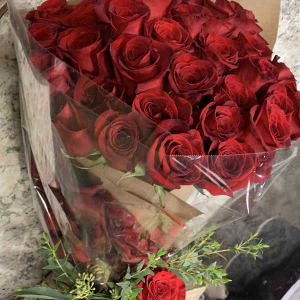 Bouquet of red roses wrapped in clear plastic with greenery