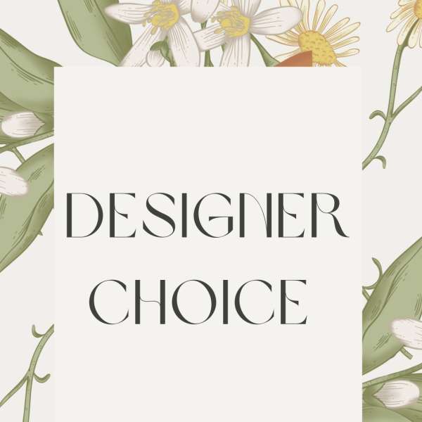 Floral-patterned card with the words "DESIGNER CHOICE"