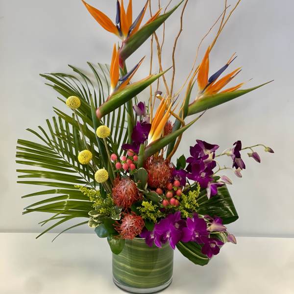 Tropical arrangement with orange bird of paradise and purple orchids in a glass vase