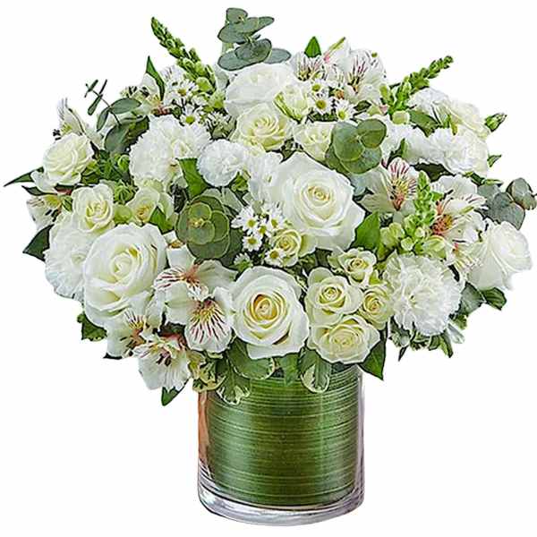 White rose and alstroemeria arrangement in a glass vase