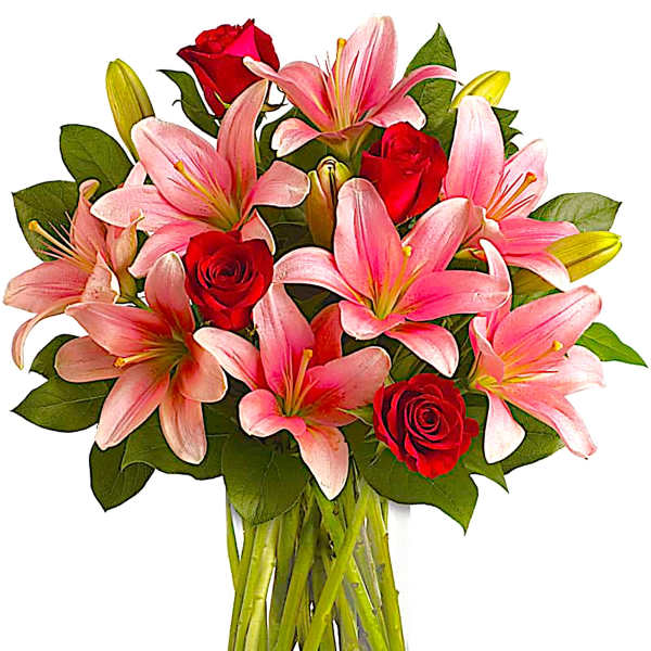 Pink lilies and red roses in a clear glass vase