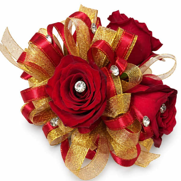 Red Rose Gold Ribbon Wrist Corsage