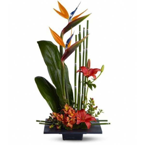 Tropical floral arrangement with orange bird of paradise and red lilies in a black vase