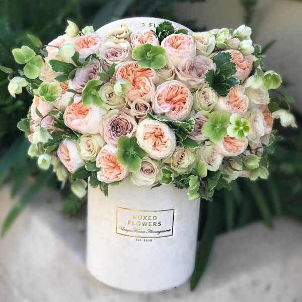 Blush and cream roses arranged in a white hat box