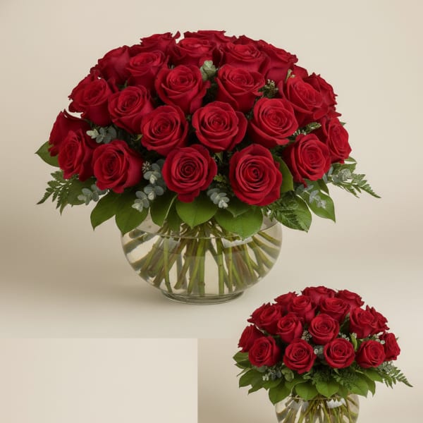 Red roses arranged in a clear glass vase