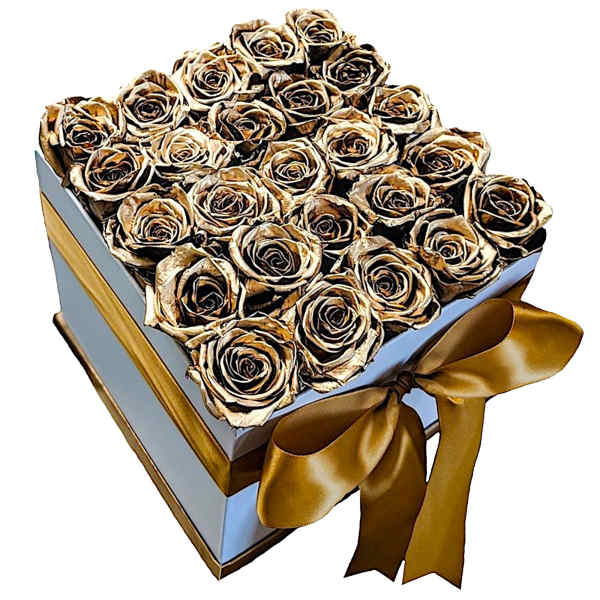 Box of gold-toned roses with a satin ribbon bow