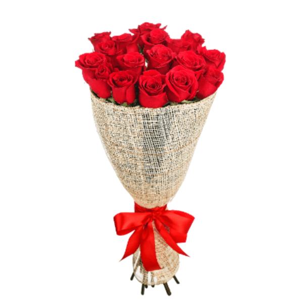 Bouquet of red roses wrapped in burlap with a red ribbon