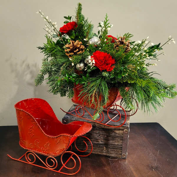 Red carnations and pinecones in a red metal sleigh with evergreens and silver ornaments beside an empty matching sleigh.