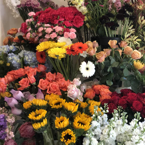 Assorted bouquets of roses, gerbera daisies, and snapdragons in many colors