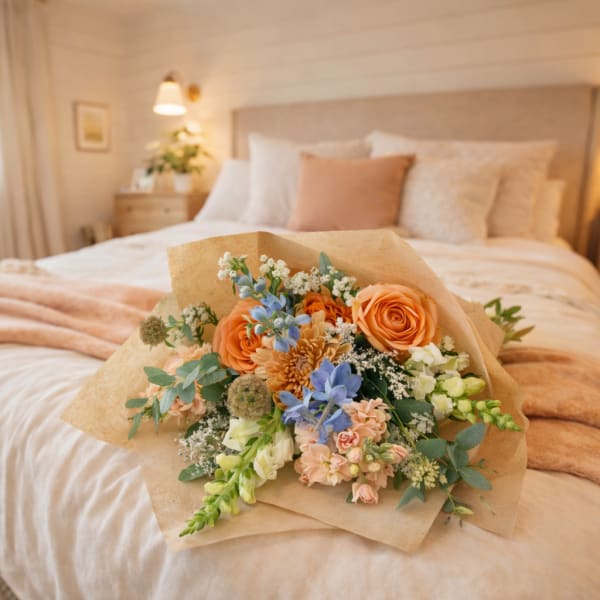 Bouquet of peach, blue, and white flowers wrapped in kraft paper on a bed