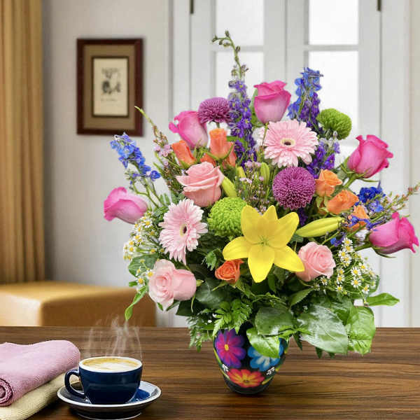 Colorful mixed bouquet of roses, lilies, gerberas, and mums in a bright painted vase on a table
