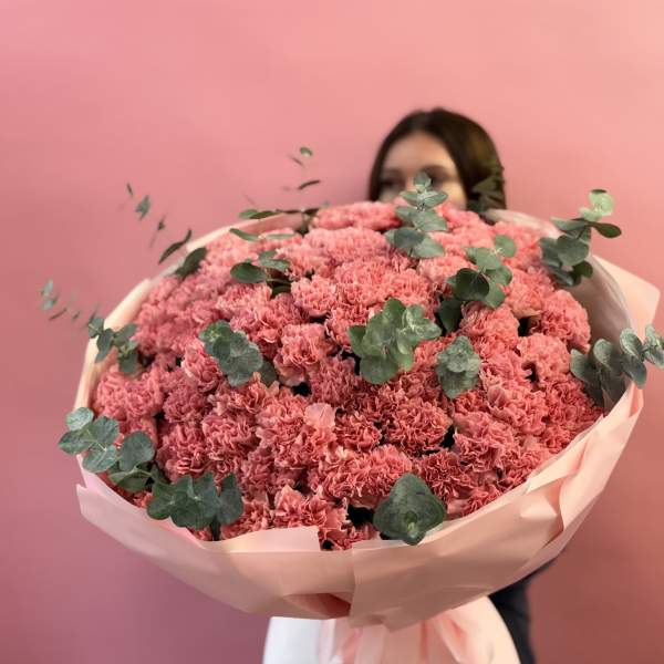 Large bouquet of pink carnations with eucalyptus in pastel wrapping