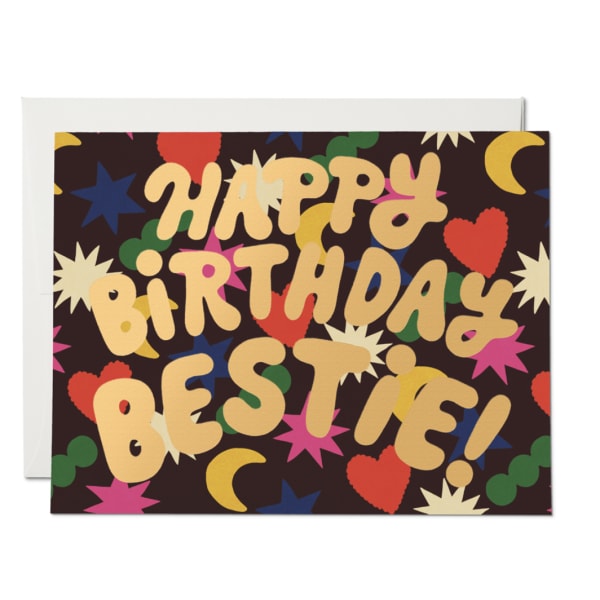 Birthday card with colorful "Happy Birthday Bestie!" text
