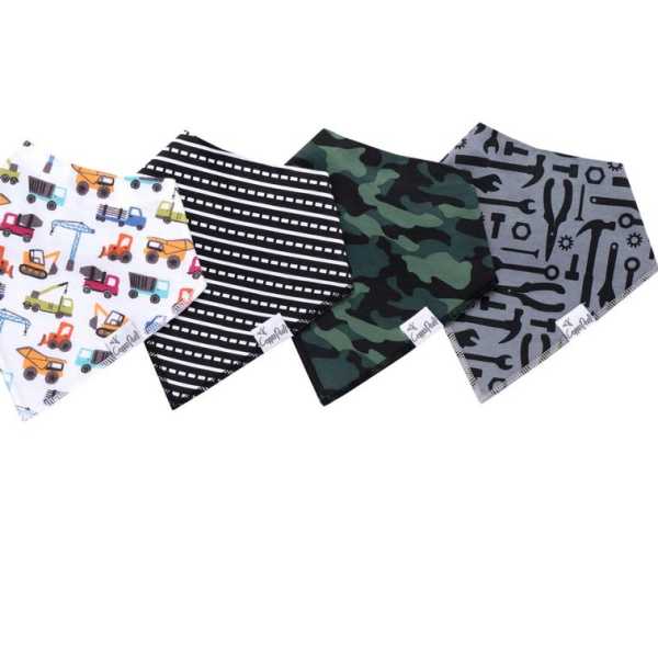 Four patterned bandana bibs laid out on a white background